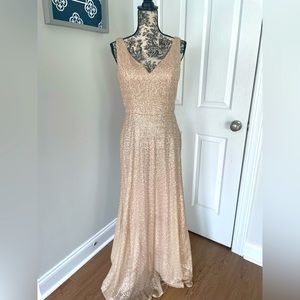 Morilee bridesmaid gown in champagne gold.
